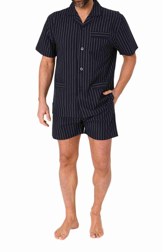 Herenpyjama met korte mouwen geweven om te knopen in elegante look