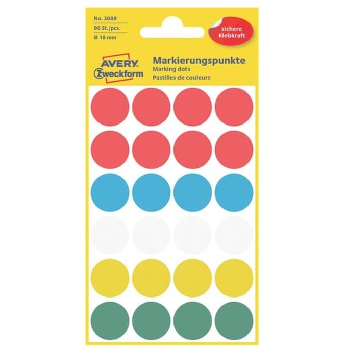 Avery Colour coding dots permanent assorted red green yellow blue white