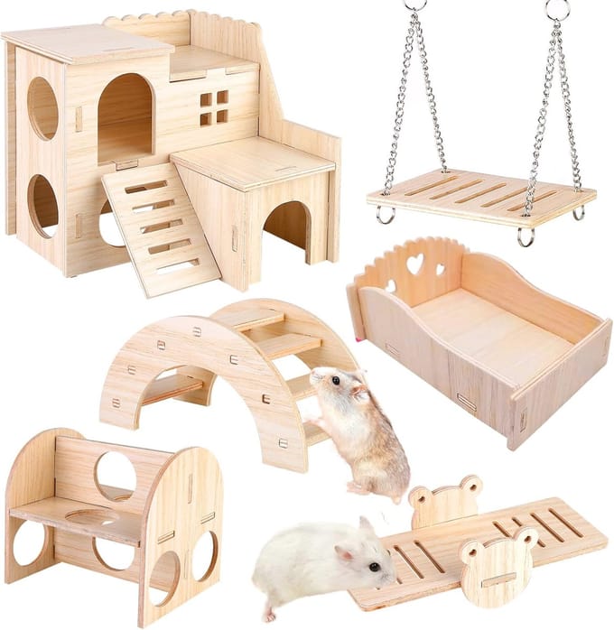 Houten Speelgoed voor Hamsters - 6 Stuks Kauwspeelgoed en Accessoires