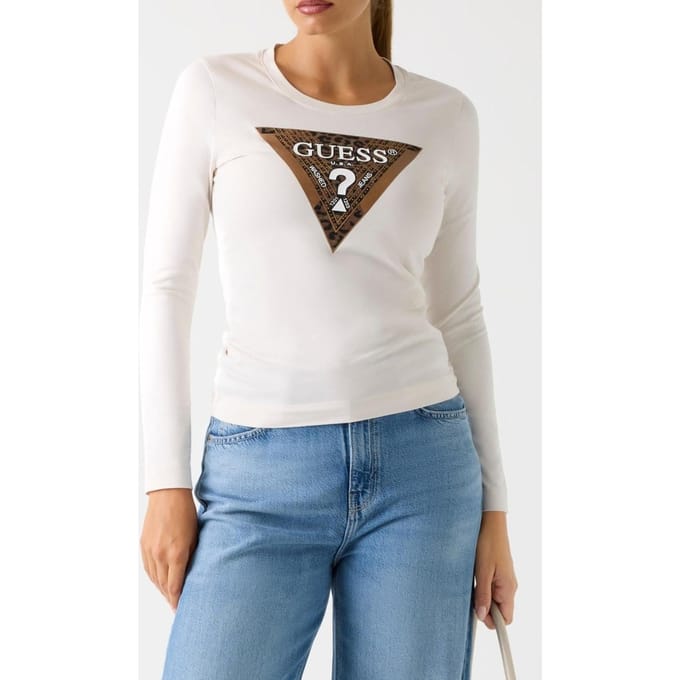 GUESS Ls Cn Leo Triangle T Cream White Taglia: M | Maglie Sportivi Outlet | Donna | Bianco