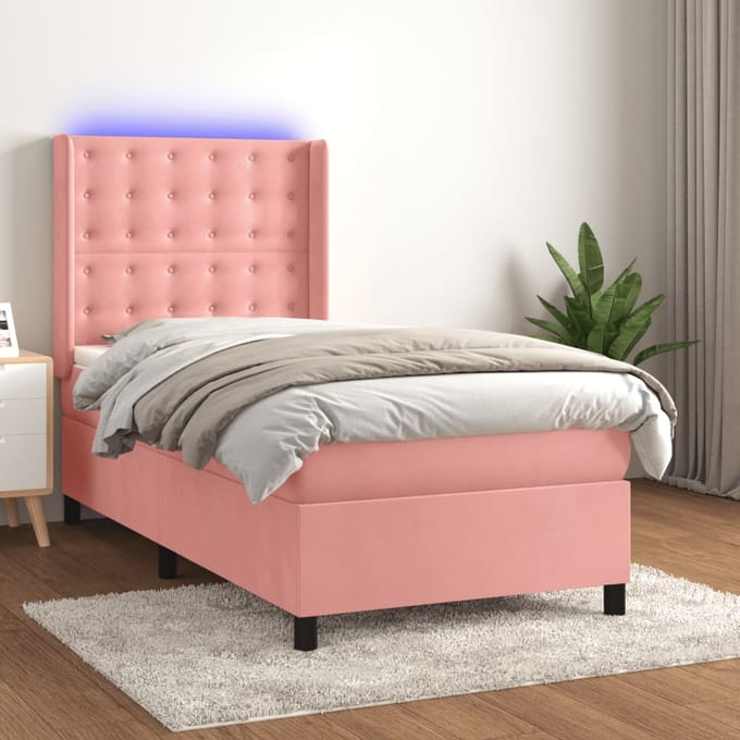 vidaXL - Boxspring - met - matras - en - LED - fluweel - roze - 90x200 - cm