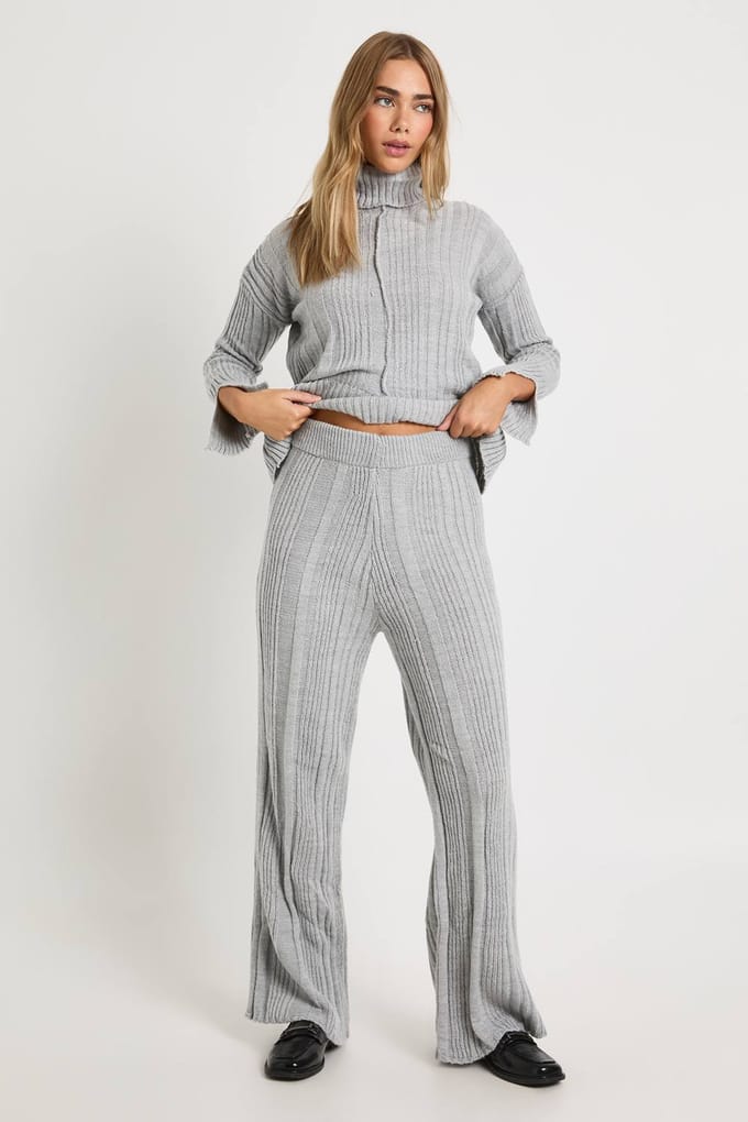 boohoo Dames Zachte mix ribgebreide wijde broek | Silver | Maat: Small