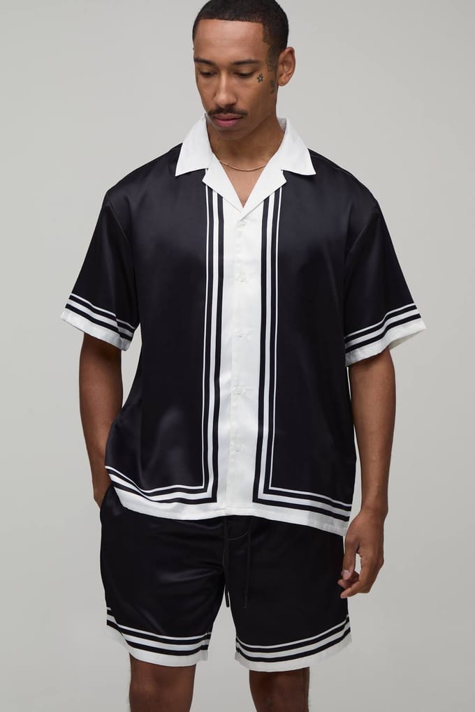 Oversized Short Sleeve Double Boarder Print Satin Shirt & Short Set | Black | Size Medium