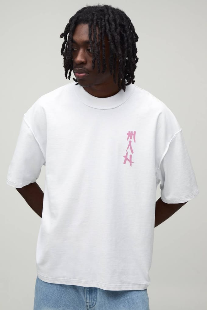 Wit Oversized Boxy T-shirt Met Zichtbare Naden En Ruggengraat Print | White | Size Small