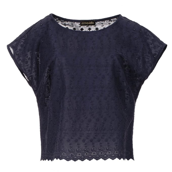 Marine Mouwloze Geborduurde Top