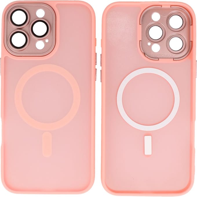 MagSafe Hoesje Geschikt voor iPhone 16 Pro Max - Mat-Transparent met Camera Beschermer Case - Roze
