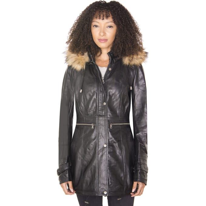 Dames lederen parka jas met capuchon-Putian
