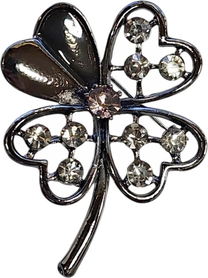 Fako Bijoux - Broche - Klavertje Vier - Antraciet Strass - 40x54mm - Donkergrijs