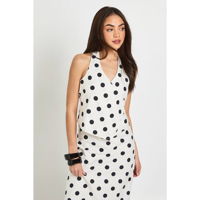 boohoo Dames Haltertop Met Wikkelmodel En Stippenprint In Linnenlook | Wit | Maat: 34