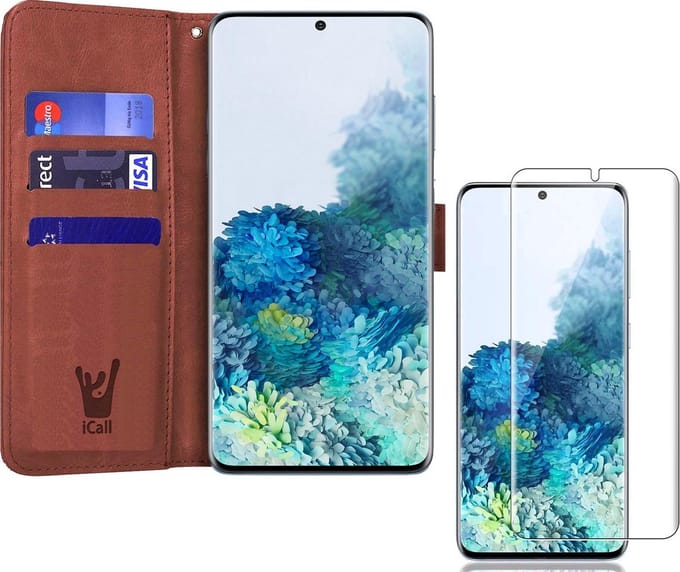 Hoesje geschikt voor Samsung Galaxy S20 Plus - Screen Protector GlassGuard - Book Case Kunstleer Pasjeshouder Bruin & Screenprotector