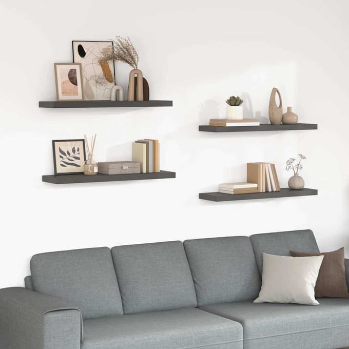 vidaXL - Wandschappen - zwevend - 4 - st - 90x23,5x3,8 - cm - MDF - hoogglans - grijs