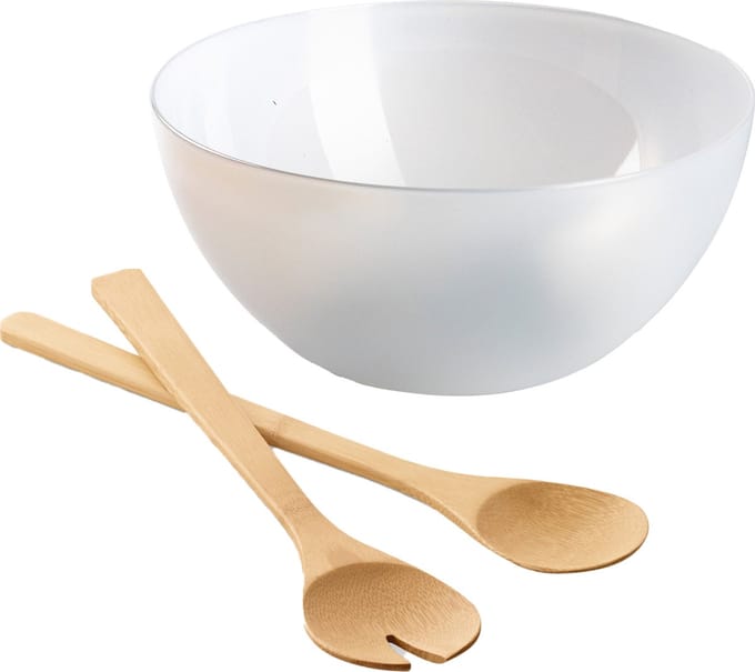 Salade/fruit serveer schaal - transparant - kunststof - Dia 28 cm - met bamboe Sla couvert/bestek van 30 cm