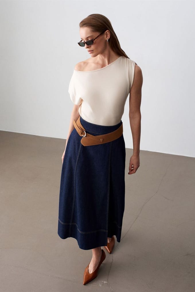 Hoog-Waist A-Lijn Denim Maxi Rok Met Riem