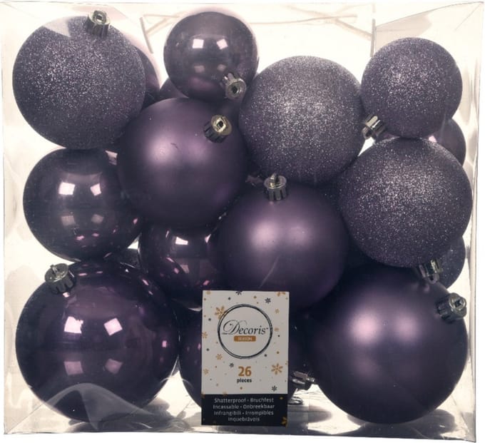 Decoris Kerstballen - 26x st - lila paars - 6-8-10 cm - kunststof - kerstversiering