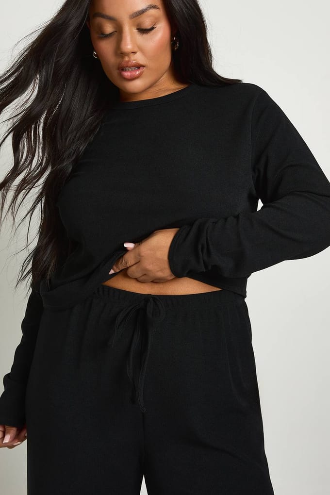 boohoo Dames Plus Rib Basic Top met Lange Mouwen & Elastische Taille Broek Co-ord | Zwart | Maat: 46