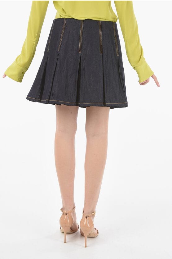 Denim geplooide minirok met ritssluiting aan de zijkant in blauw