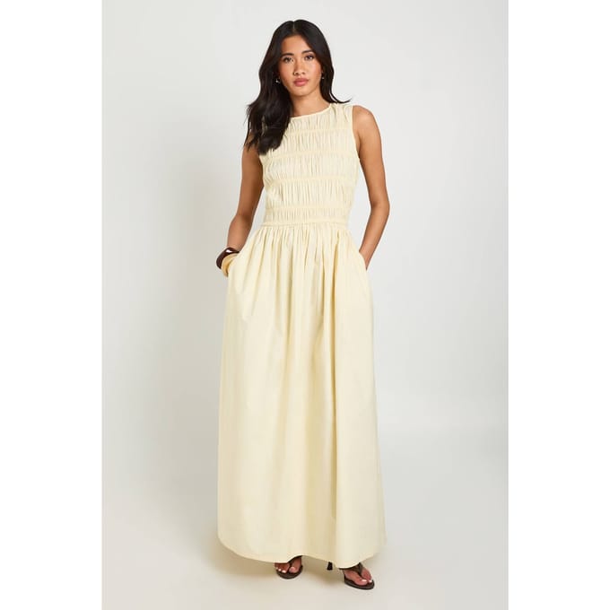 boohoo Dames Katoenen Poplin Gesmockte Maxi Jurk | Citroen | Maat: 38