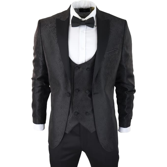 Heren zwarte smoking blazer vest brokaat satijn paisley formeel dinerjack