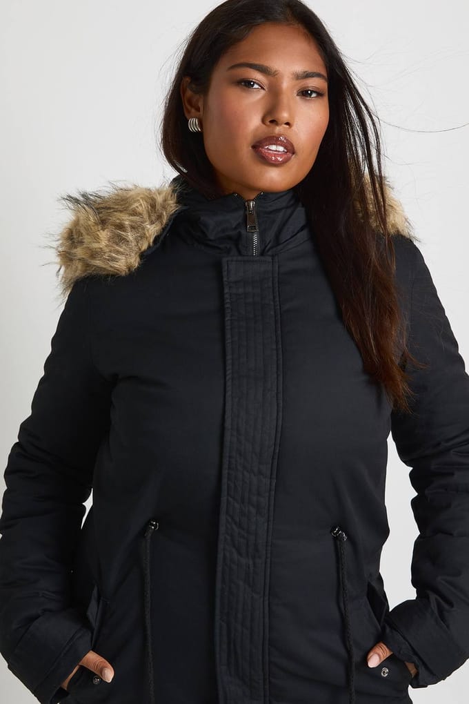 boohoo Dames Plus Parka Jas met Namaak Bont Afwerking | Black | Maat: 16