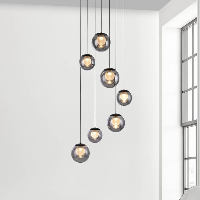 PURE LED hanglamp Popup, grijs/rookgrijs, Ø 40 cm, 7-lamps.