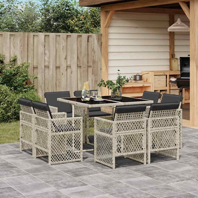 vidaXL - 9-delige - Tuinset - met - kussens - poly - rattan - lichtgrijs