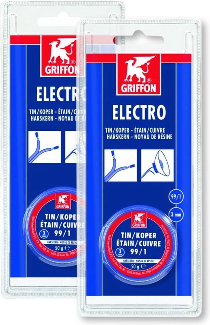 Griffon electro draadsoldeer tin/koper 99/1 harskern Ø 3 mm. - 100 gram - 2 stuks