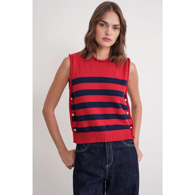 Gestreepte Gebreide Top met Knopdetails