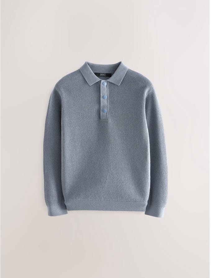 Next - Jongens - Poloshirt met textuur en lange mouwen - Blauw