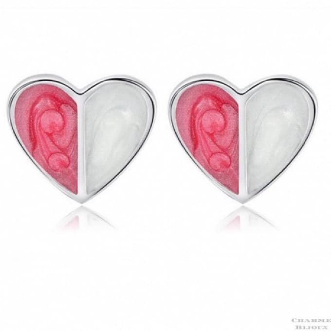 Hartjes oorbellen Roze wit zilver-Charme Bijoux