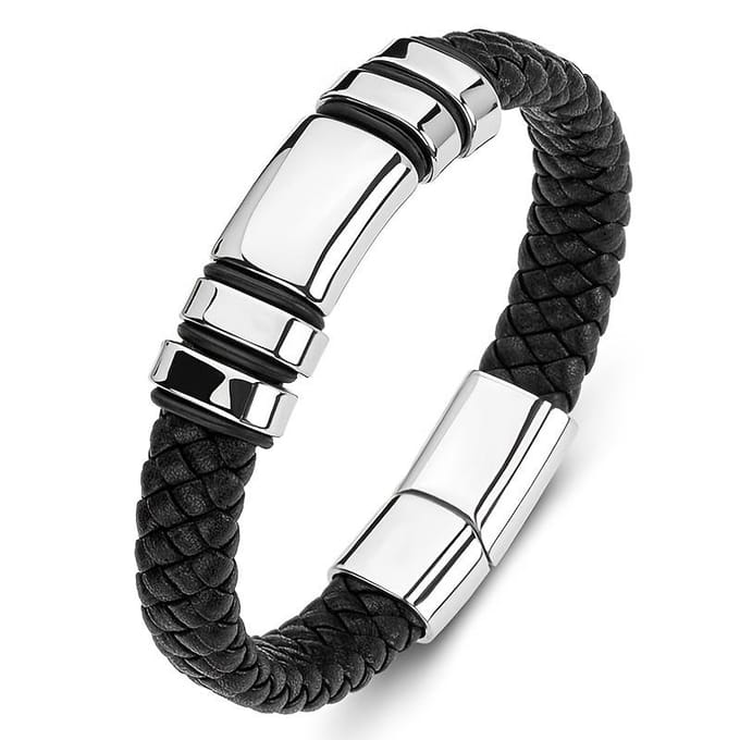 Mode Persoonlijkheid Trend Mannen Koel Eenvoudig Leer Glad 4-ring Armband zilver