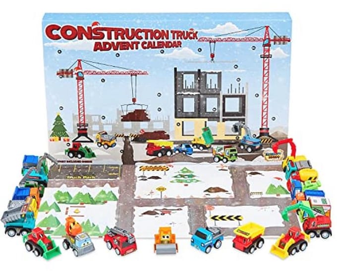 Adventskalender 2024 met 24 mini-raceauto's en bouwtrucks