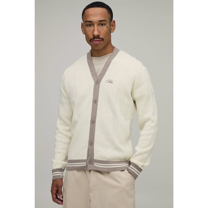 Regular Fit Ribbed Knitted Cardigan | Ecru | Size Large