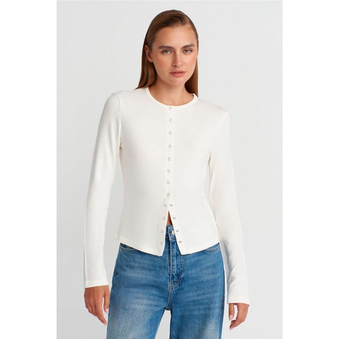 Geribbelde Crew Neck Knopen Cardigan