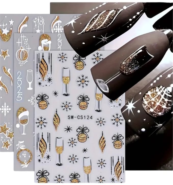Nagelstickers Glitters Kerst Christmas ( Goud/Zilver/Wit ) nr 113 ( 4 vellen)