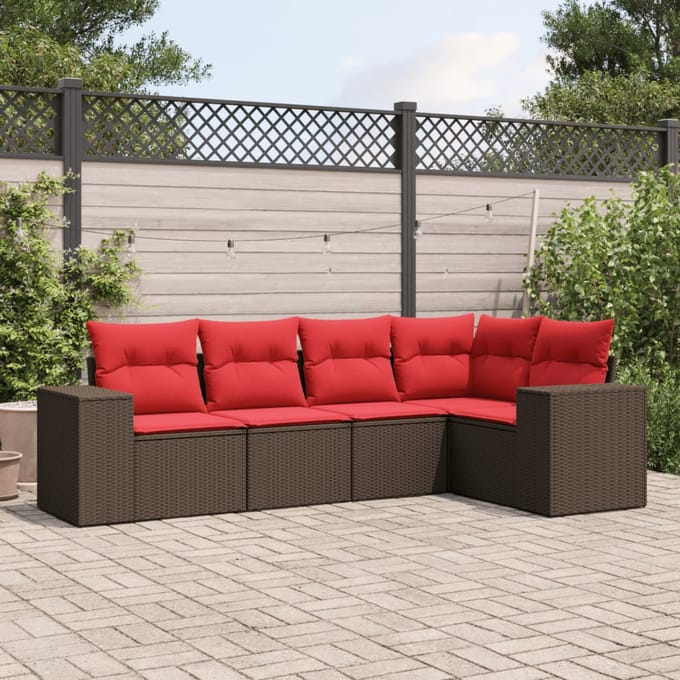 vidaXL - 5-delige - tuinbankset - met - kussens, - bruin - polyrotan