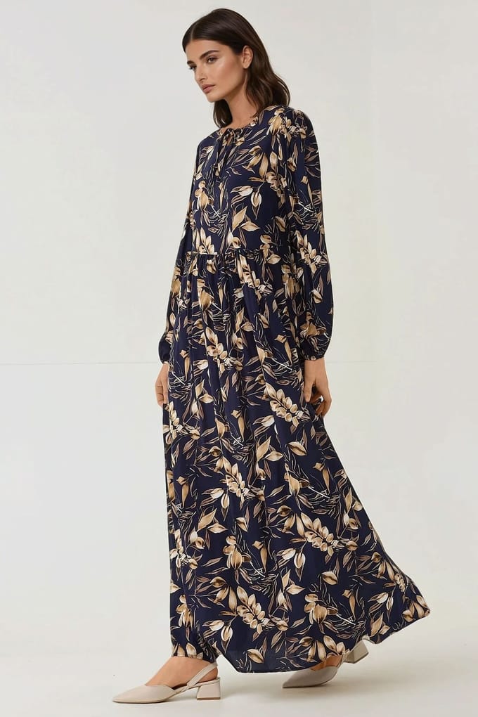 Bloemenprint Lange Mouwen Viscose Maxi Jurk