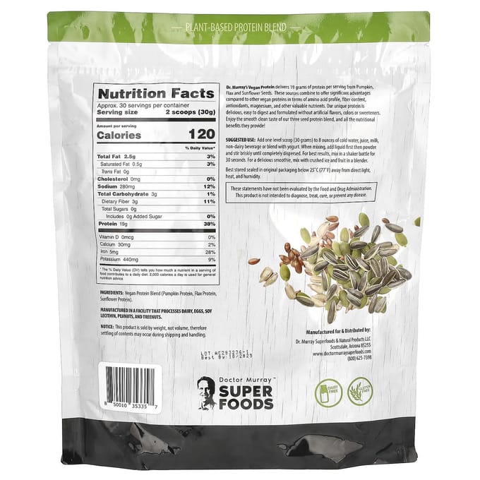 Dr. Murray's, Superaliments, Poudre de protéines aux 3 graines, Citrouille + Lin + Tournesol, Sans saveur, 907 g (908 g)