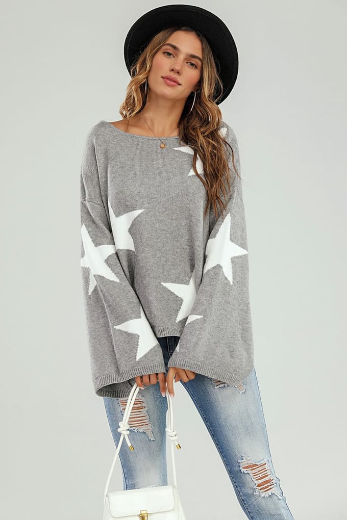 Oversized grijze trui met wijde mouwen en witte ster
