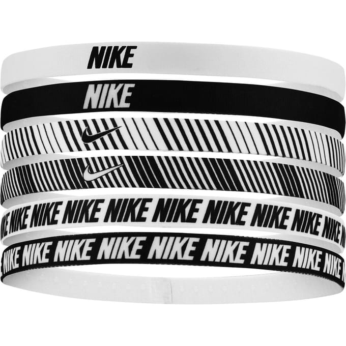 Nike Klassieke Gedrukte Flexibele Haarband (Verpakking van 6) (Wit/Zwart)