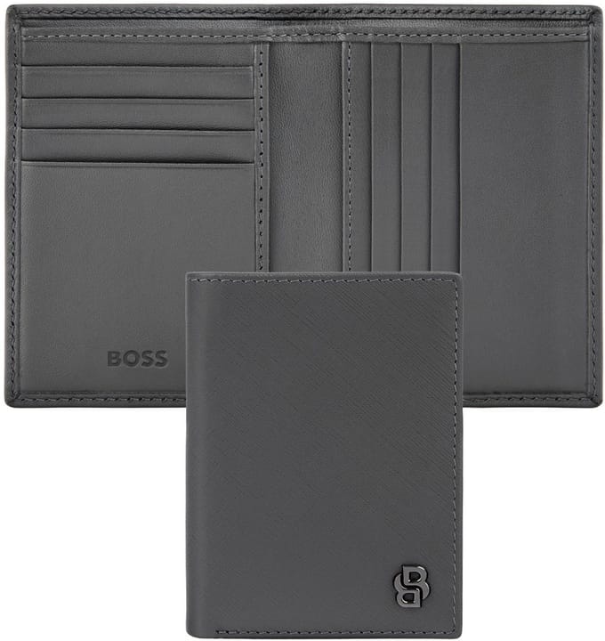 HUGO BOSS Leren kaarthoes Double B Card Case Saffiano Grey grijs