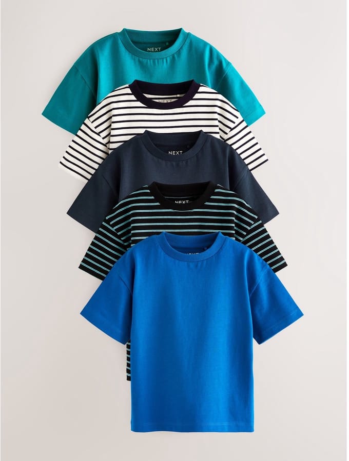 Next - Jongens - Set van 5 ruimvallende T-shirts met korte mouwen - Blauw