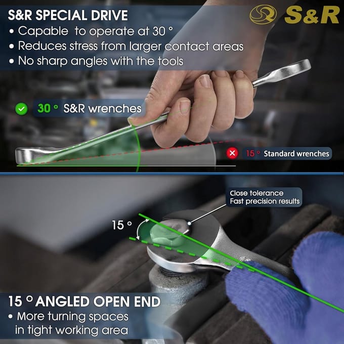 S&R Ringsteeksleutel 15mm met Ratel 72 Tanden Cr-V