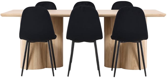 Olivia eethoek tafel 100x210cm en 6 velours stoelen naturel.
