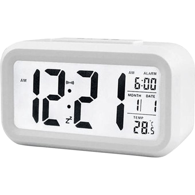 Réveil numérique intelligent avec bouton Snooze de date et de température sur le dessus rectangulaire à piles blanc