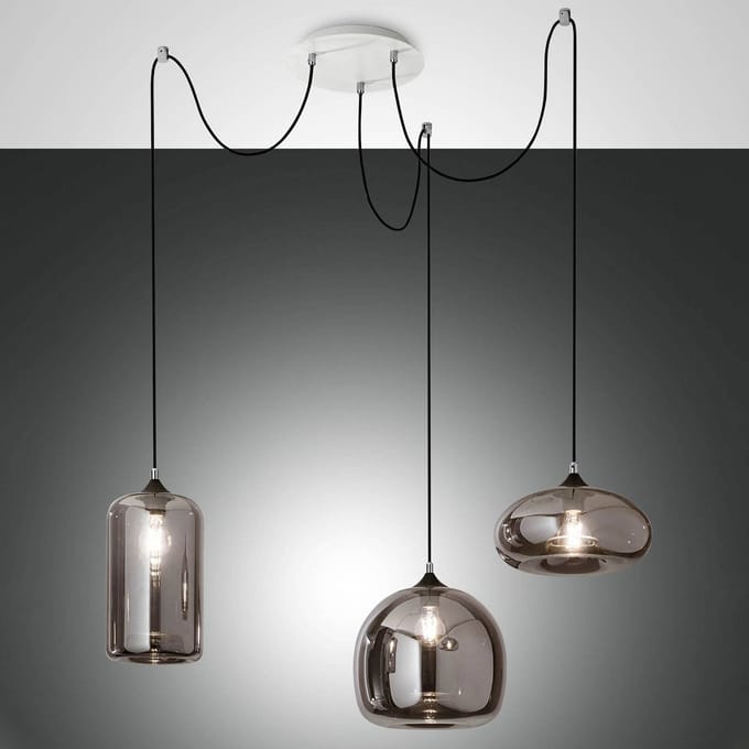 Fabas Luce Hanglamp Fiona, grijs-transparant, 3-lamps, glas