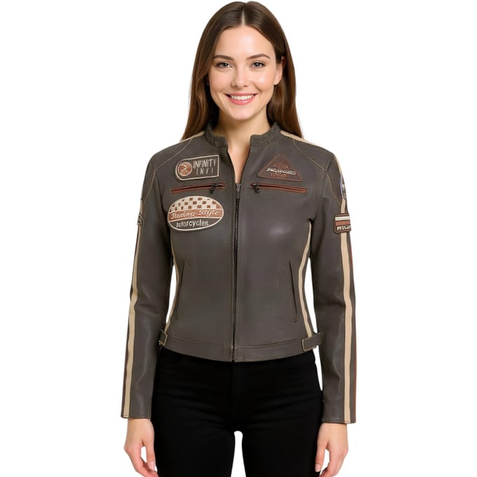 Dames vintage bruine leren bikerjack met racebadges - Dalby