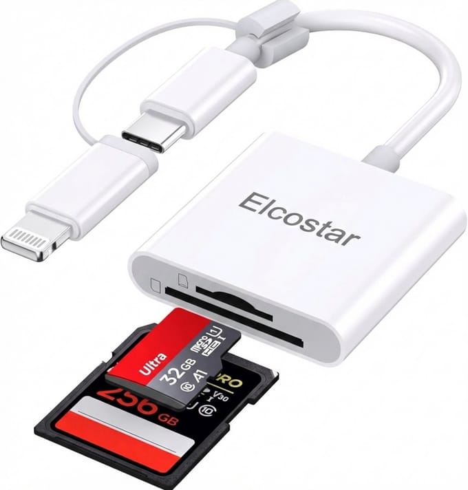 ELCOSTAR® 2-in-1 SD Kaart lezer USB C Cardreader – Geheugenkaartlezer Micro SD – Inclusief Lightning Adapter – Compatibel met iPhone, iPad, Android, Windows & Mac – Compact & Snel