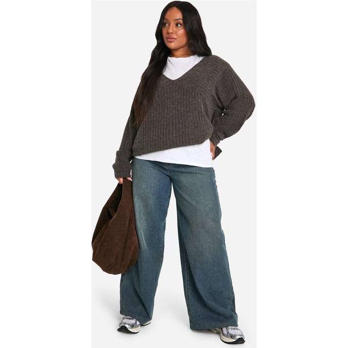 boohoo Dames Plus Mixed Rib Longline Jumper | Chocoladebruin | Maat: 44-46