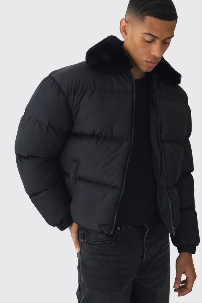 Boxy Namaakbontkraag Pufferjack in Zwart | Black | Size Medium