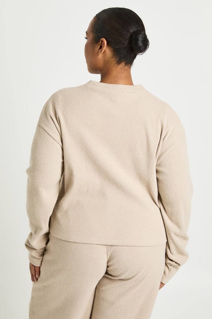 boohoo Dames Plus-knop Voorkant Gebreide Zachte Rib-top | Steen | Maat: 50